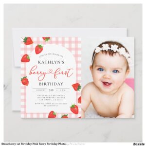 Strawberry 1st Birthday Pink Berry Birthday Photo Invitation