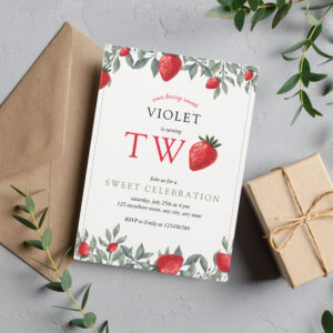 Strawberry 2nd Birthday Berry Sweet Watercolor Invitation