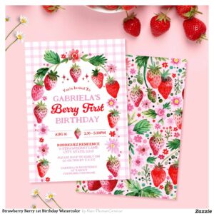 Strawberry Berry 1st Birthday Watercolor Invitation