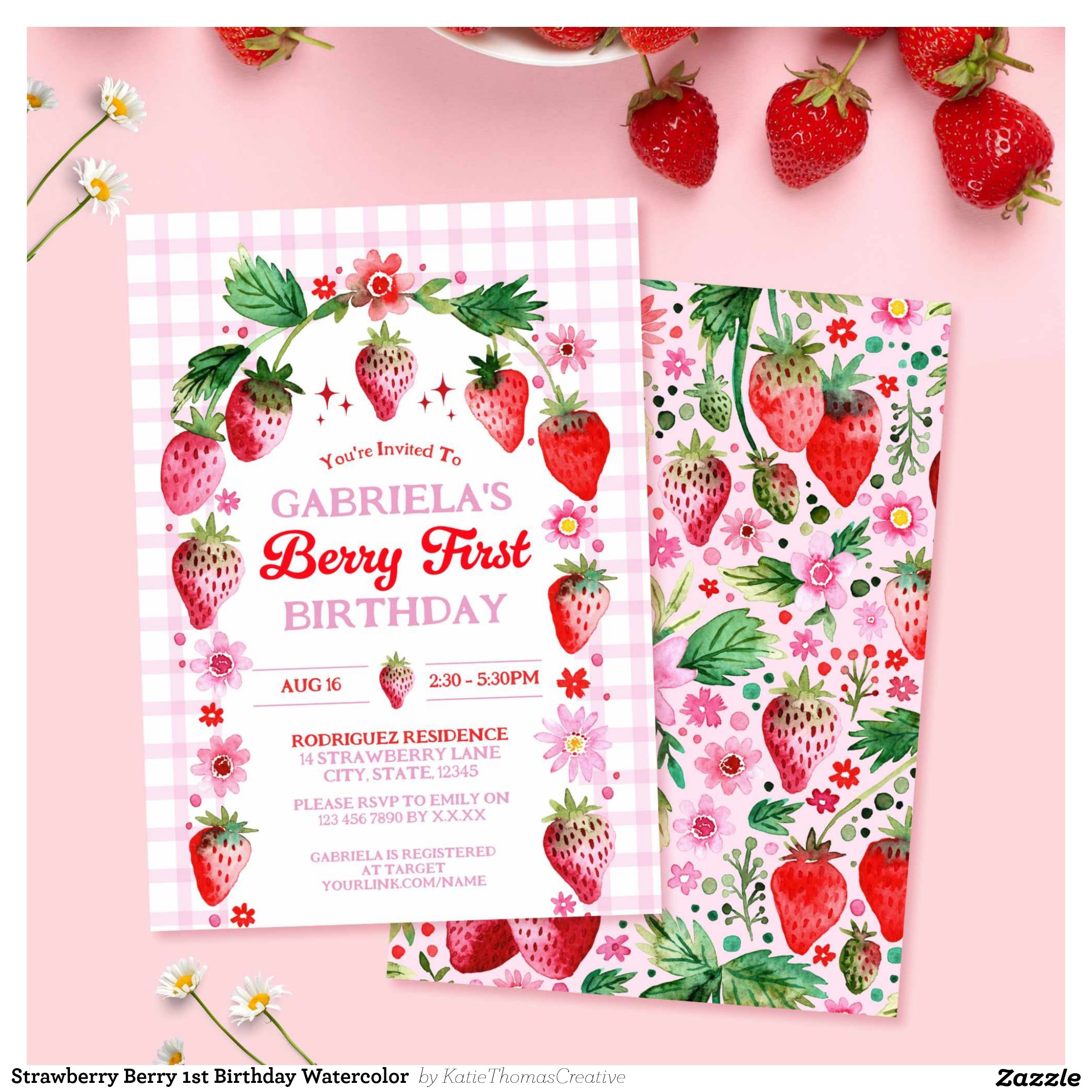Strawberry Berry 1st Birthday Watercolor Invitation