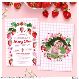 Strawberry Berry 1st Birthday Watercolor Photo Invitation