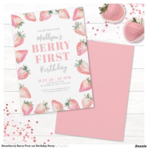 Strawberry Berry First 1st Birthday Party Invitation