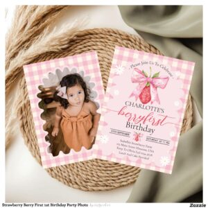 Strawberry Berry First 1st Birthday Party Photo Invitation