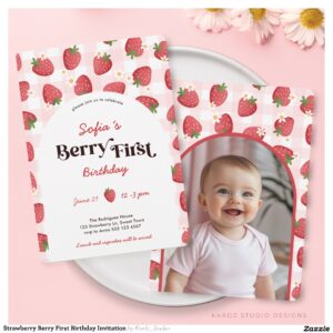 Strawberry Berry First Birthday Invitation