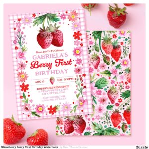 Strawberry Berry First Birthday Watercolor Invitation