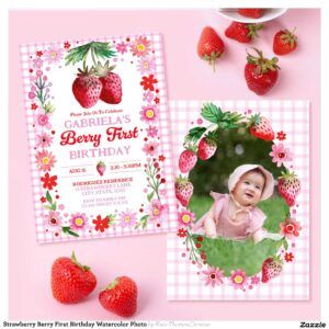 Strawberry Berry First Birthday Watercolor Photo Invitation