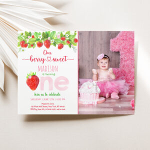 Strawberry Berry Sweet First Birthday Invitation