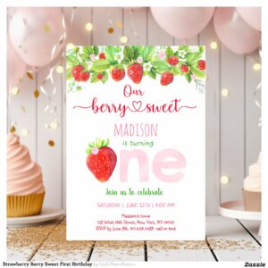 Strawberry Berry Sweet First Birthday Invitation