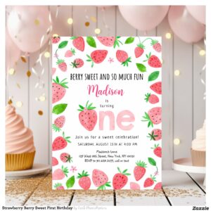 Strawberry Berry Sweet First Birthday Invitation