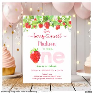 Strawberry Berry Sweet Floral First Birthday Invitation