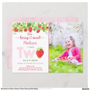 Strawberry Berry Sweet Floral Second Birthday Invitation