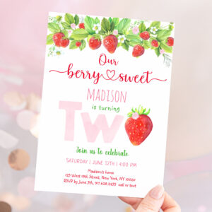 Strawberry Berry Sweet Second Birthday Invitation