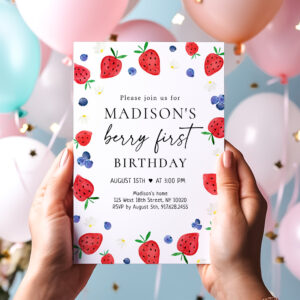 Strawberry Blueberry Berry First Birthday Invitation