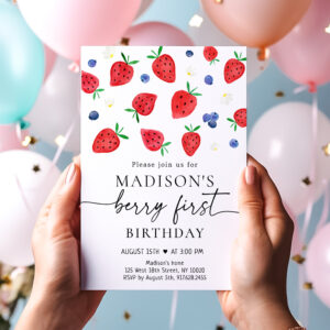 Strawberry Blueberry Berry First Birthday Invitation