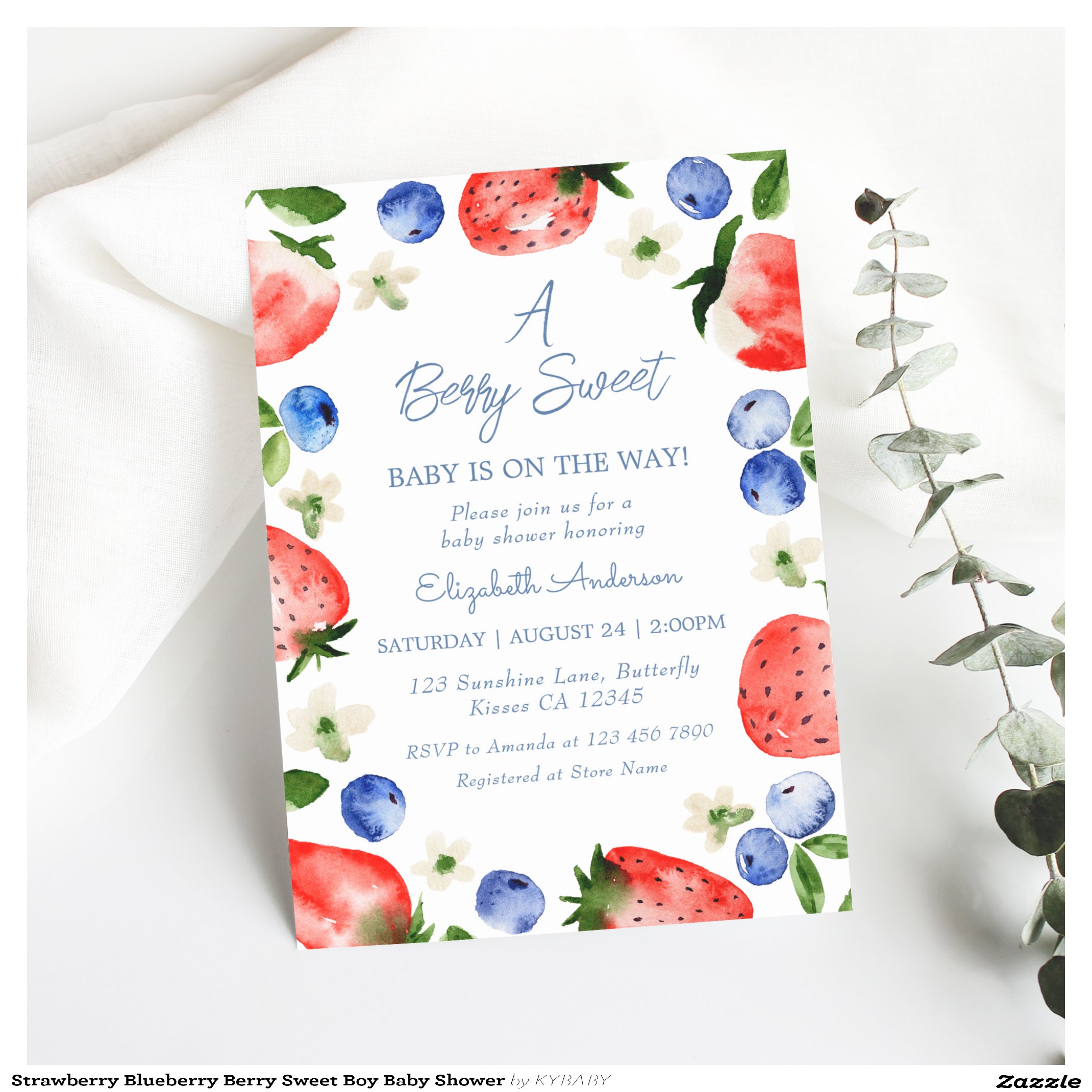 Strawberry Blueberry Berry Sweet Boy Baby Shower Invitation