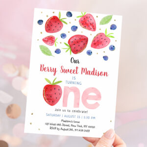 Strawberry Blueberry Watercolor 1st Birthday Invitation
