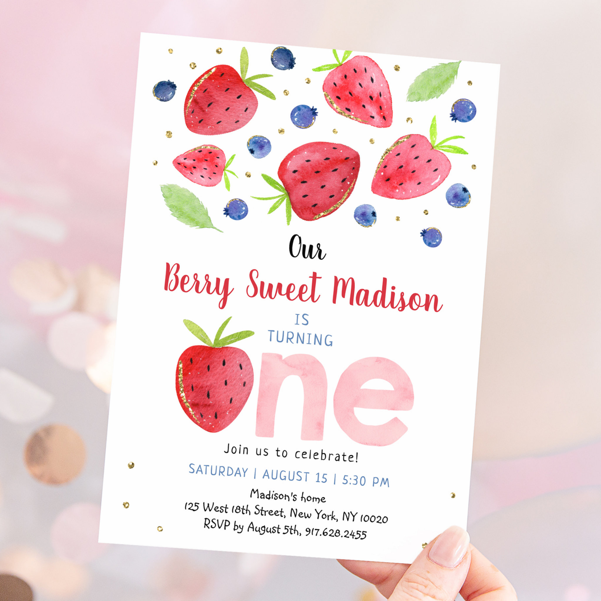Strawberry Blueberry Watercolor 1st Birthday Invitation