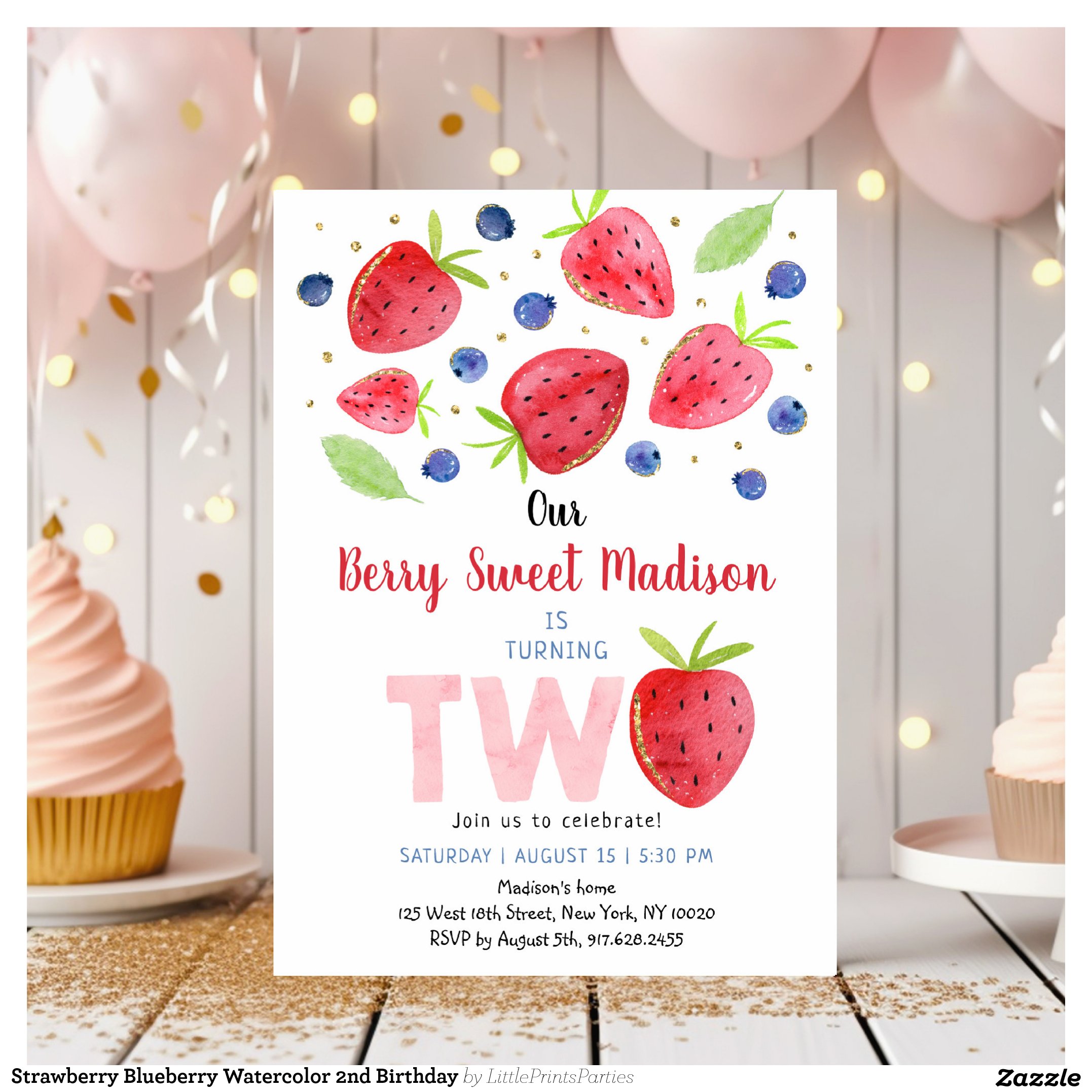 Strawberry Blueberry Watercolor 2nd Birthday Invitation