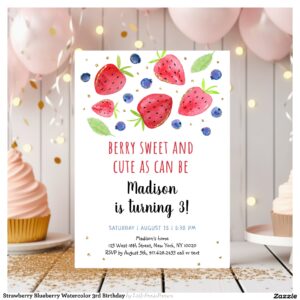 Strawberry Blueberry Watercolor 3rd Birthday Invitation