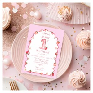 Strawberry First 1st Birthday Wavy Invitation