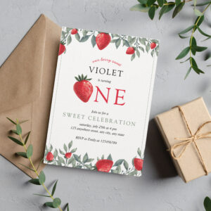 Strawberry First Birthday Berry Sweet Watercolor Invitation