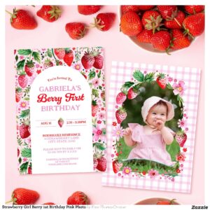Strawberry Girl Berry 1st Birthday Pink Photo Invitation