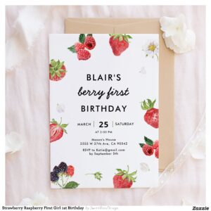 Strawberry Raspberry First Girl 1st Birthday Invitation