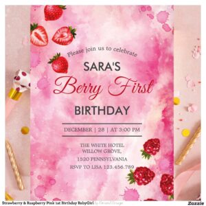 Strawberry & Raspberry Pink 1st Birthday BabyGirl Invitation