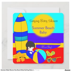 Summer Baby Shower Boy Beach Baby Surfing Baby 3 Invitation