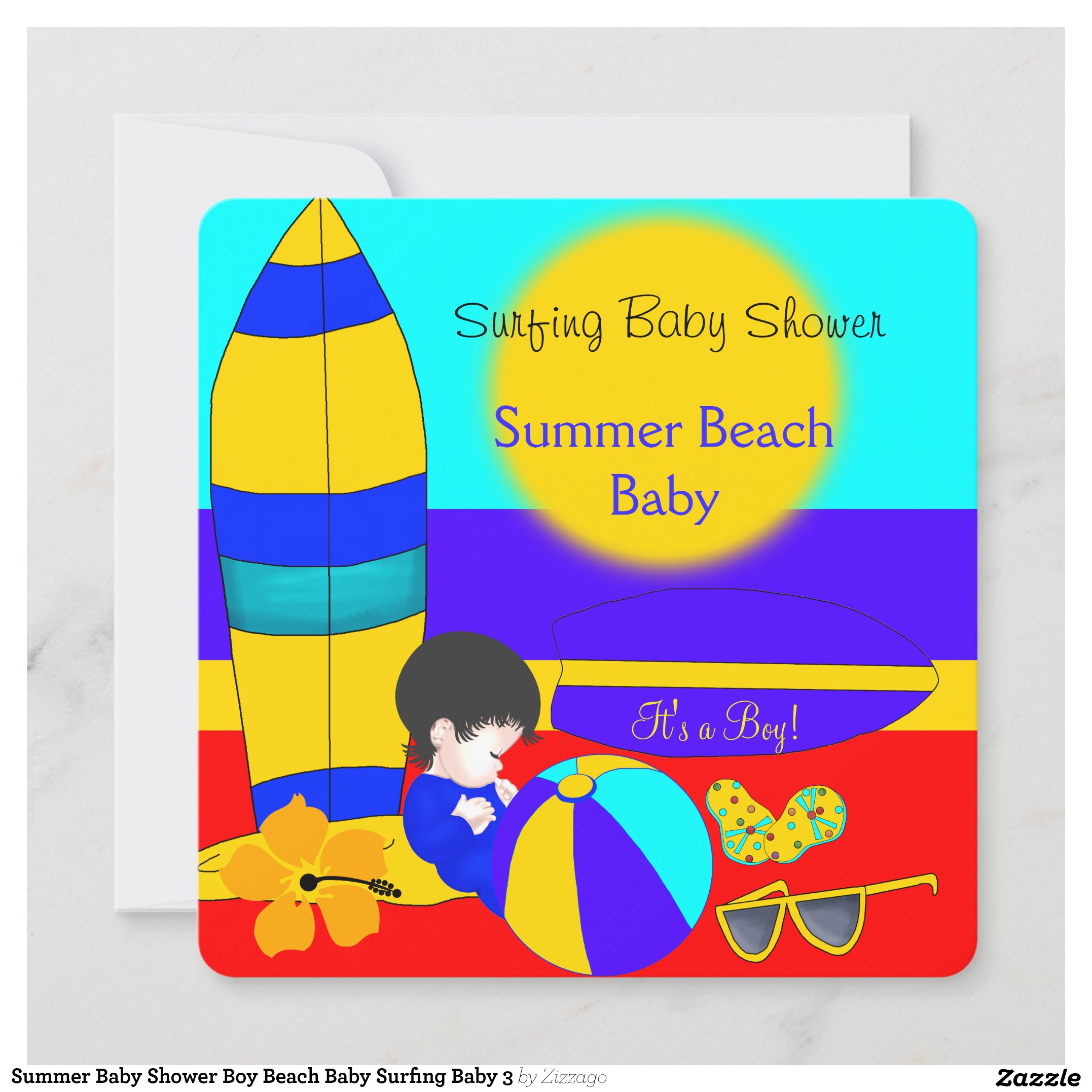 Summer Baby Shower Boy Beach Baby Surfing Baby 3 Invitation