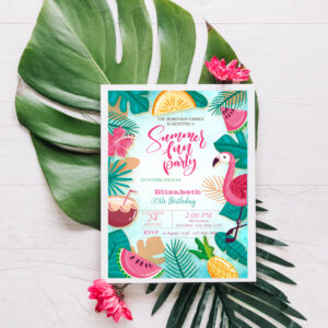 Summer, Fruits, Palm Leaf Pool Birthday Party Invitation