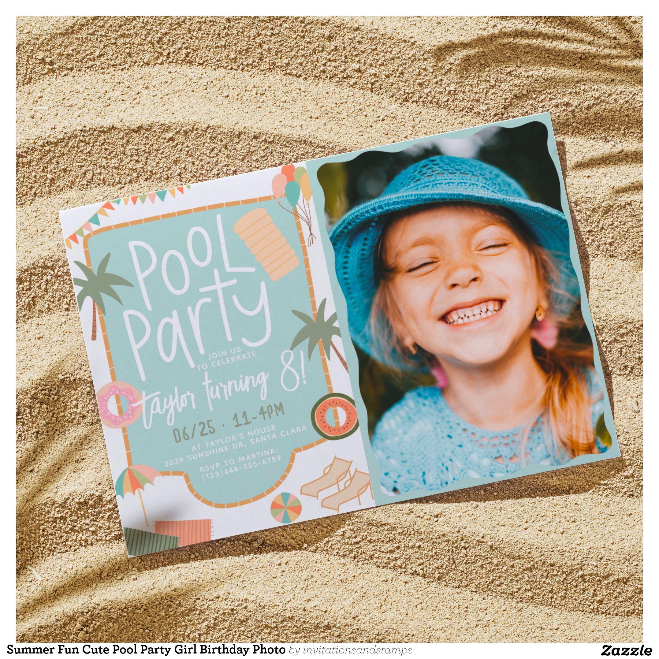 Summer Fun Cute Pool Party Girl Birthday Photo Invitation