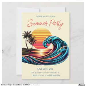Summer Party- Sunset Retro Surf Wave Invitation