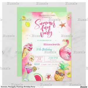 Summer, Pineapple, Flamingo Birthday Party Invitation