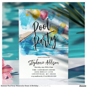 Summer Pool Party Watercolor Sweet 16 Birthday Invitation