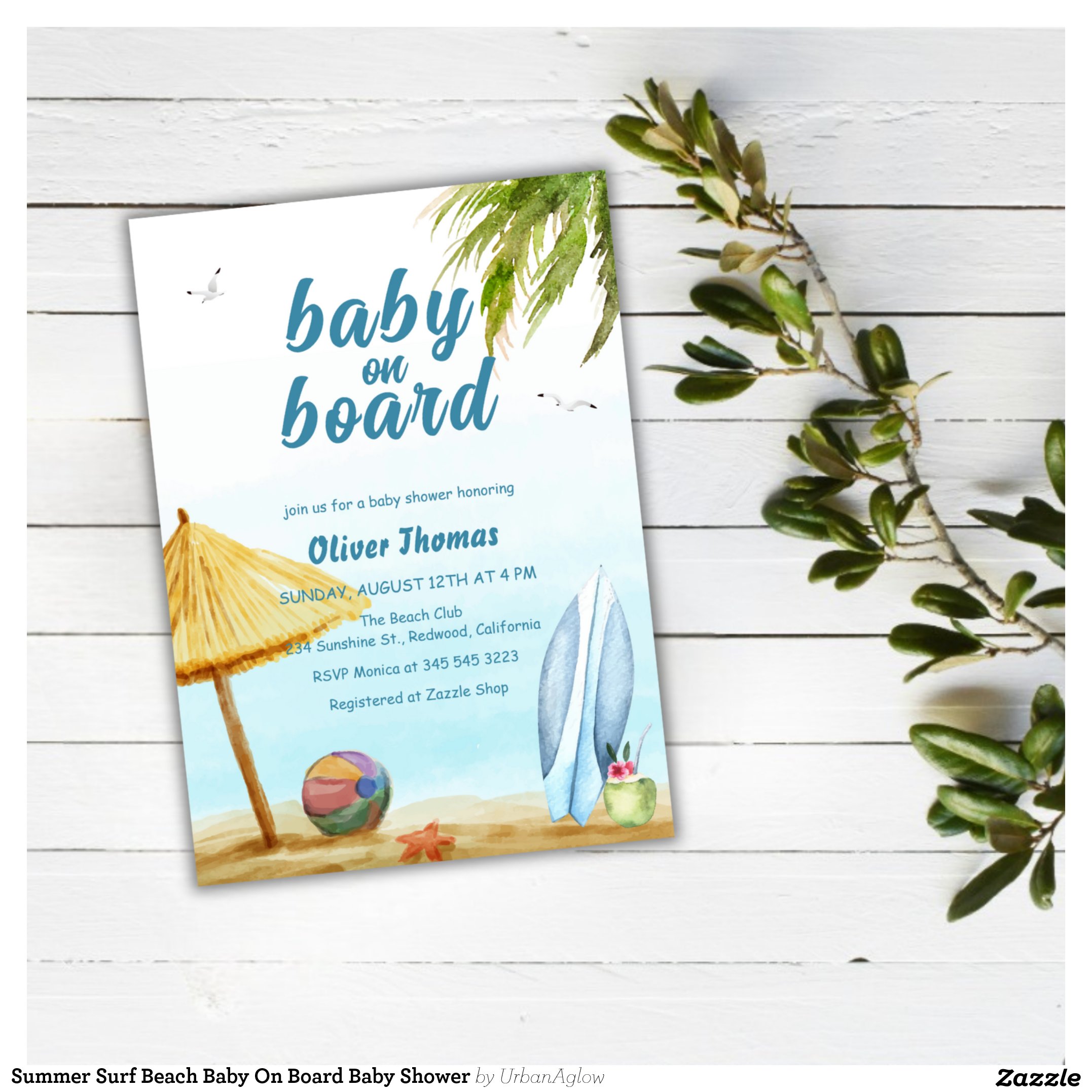 Summer Surf Beach Baby On Board Baby Shower Invitation