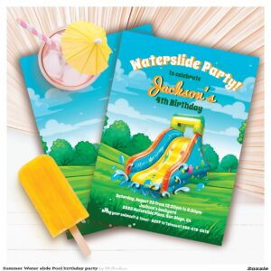 Summer Water slide Pool birthday party Invitation