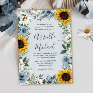 Sunflower Dusty Blue Country Rustic Roses Wedding Invitation