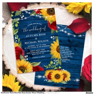 Sunflower Navy Blue Red Rose Rustic Wood Wedding Invitation