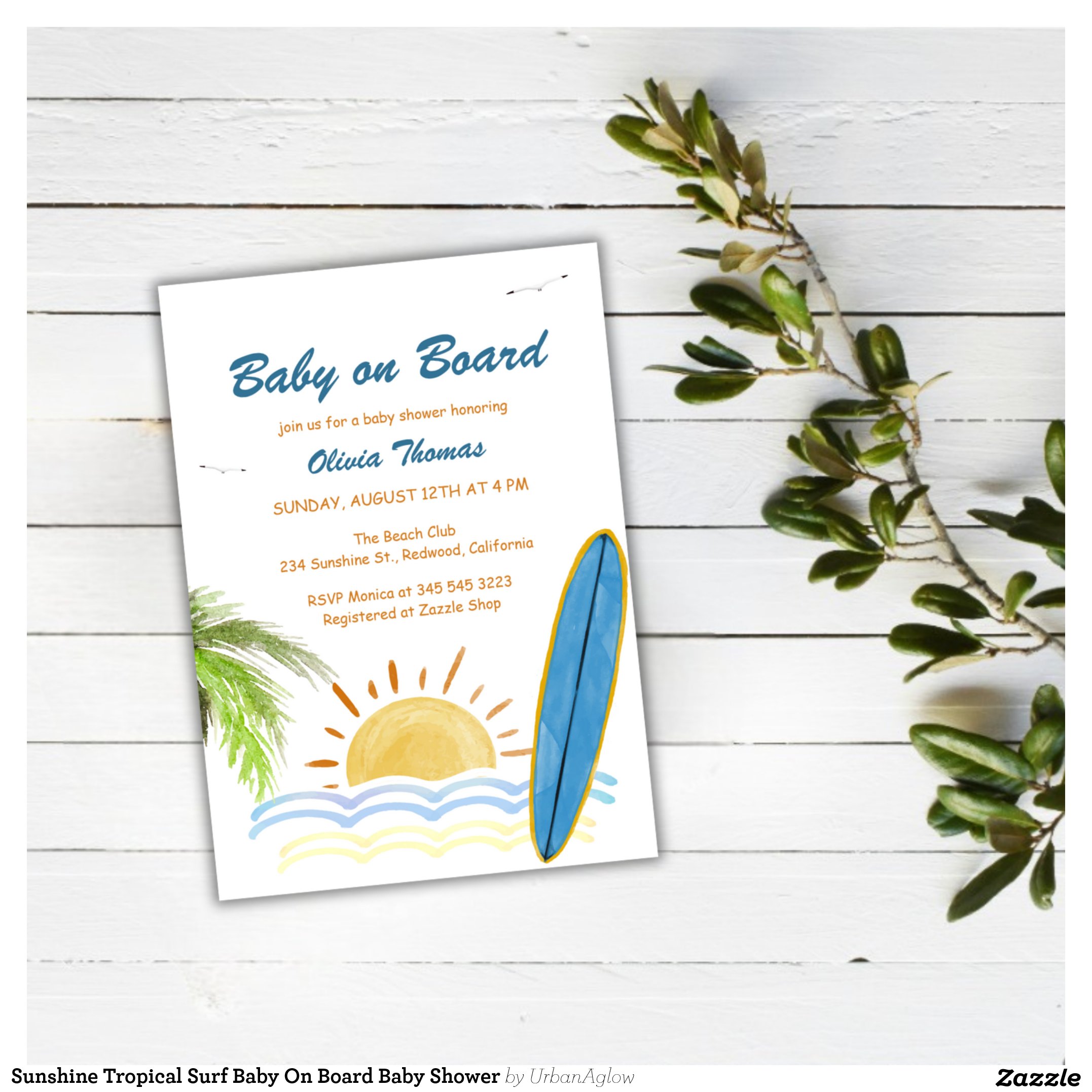 Sunshine Tropical Surf Baby On Board Baby Shower Invitation