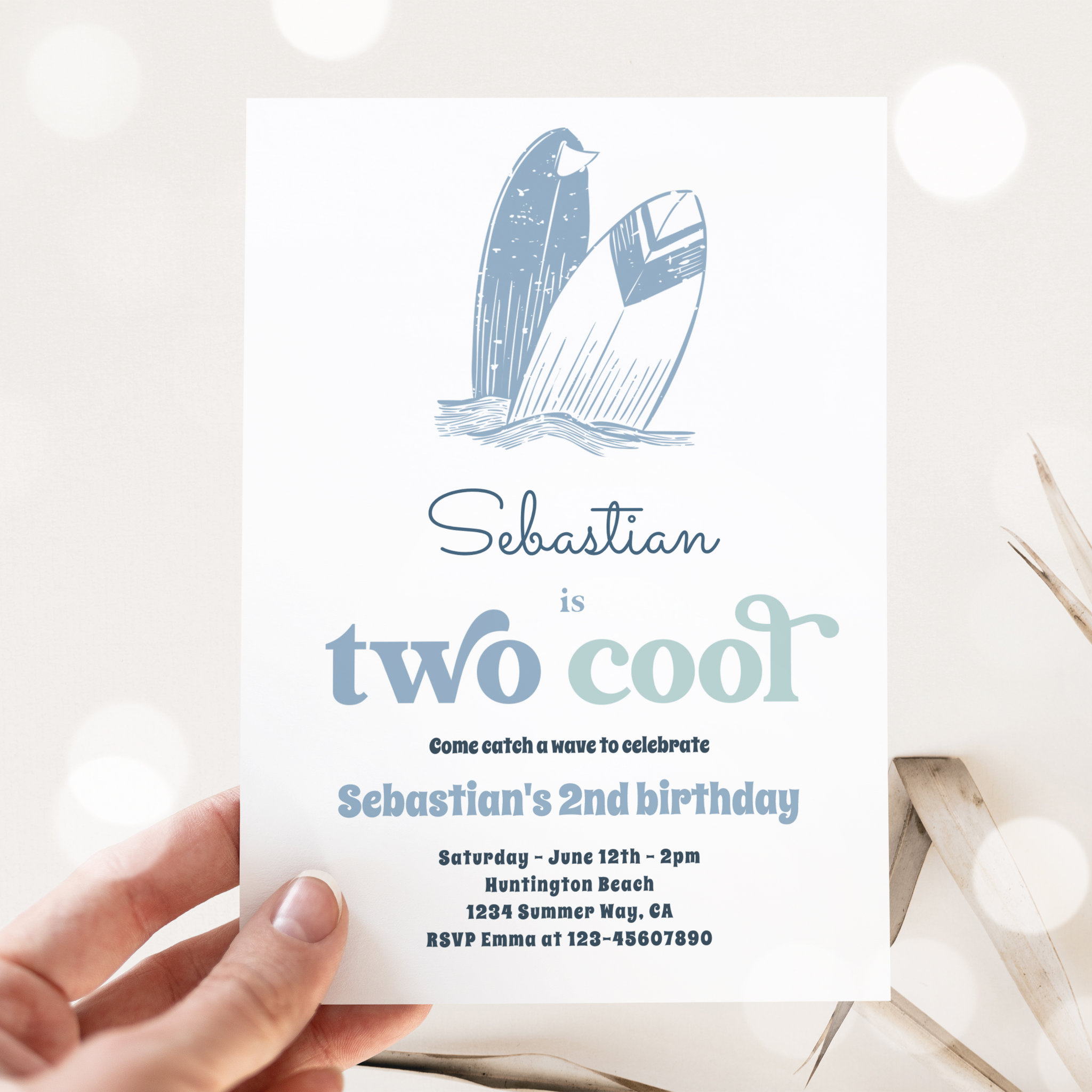 Surf Two Cool Modern Surf 2nd Birthday Party Invitation