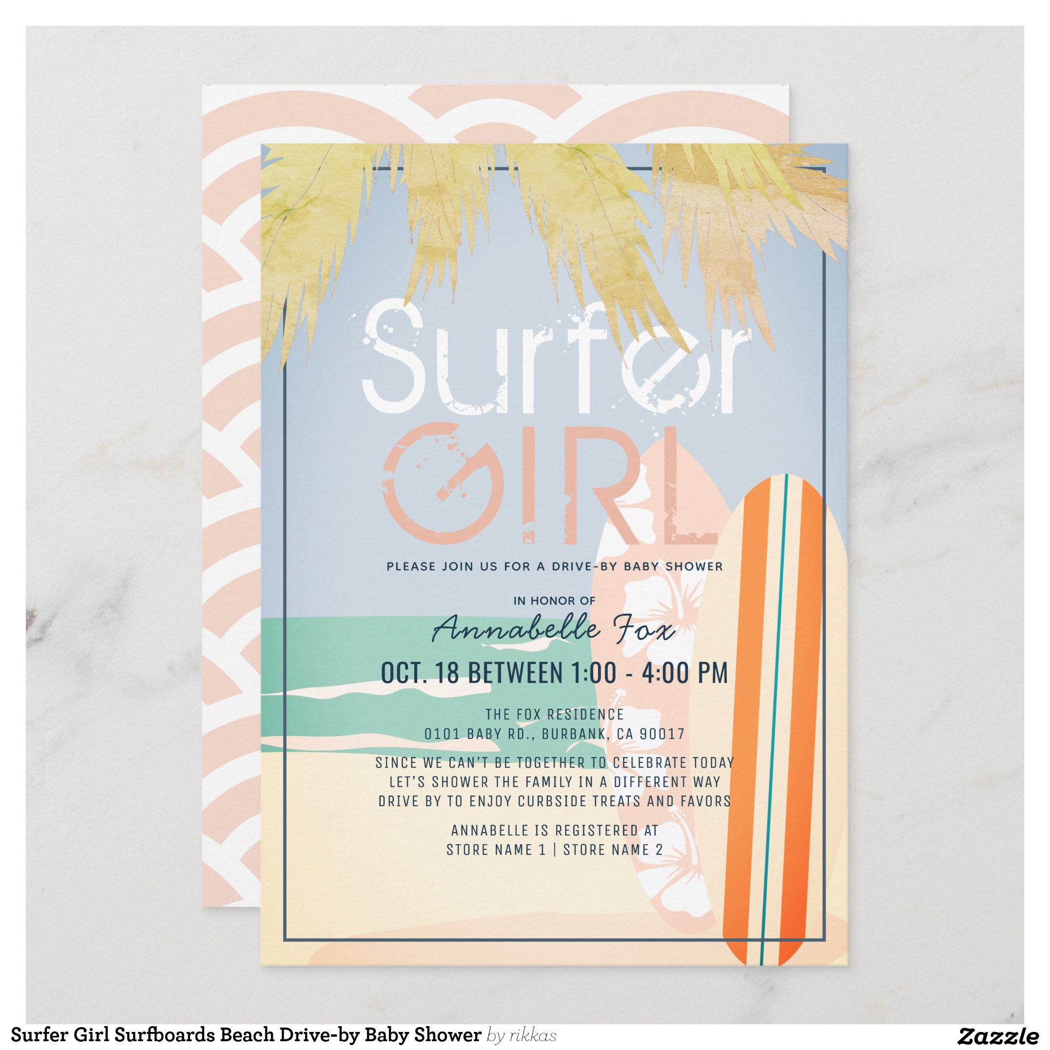 Surfer Girl Surfboards Beach Drive-by Baby Shower Invitation