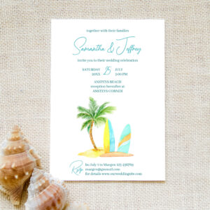 Surfing beach summer tropical wedding invitation