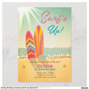 Surfing Birthday Invitation Surf's Up Beach Girl
