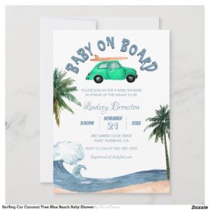 Surfing Car Coconut Tree Blue Beach Baby Shower Invitation