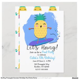Surfing Pineapple Summer Birthday Pool Swim Party Invitation