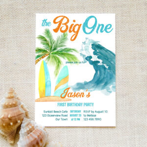Surfing retro beach party big one 1st birthday invitation