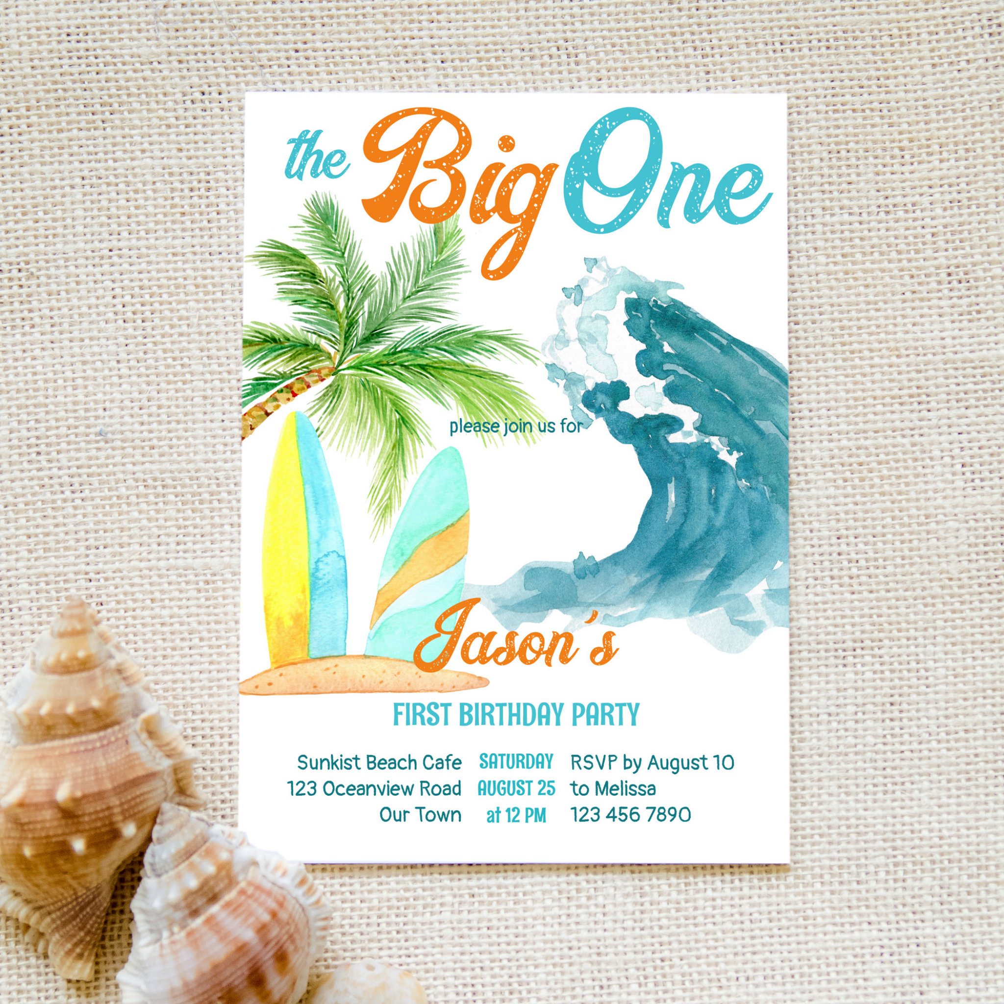 Surfing retro beach party big one 1st birthday invitation