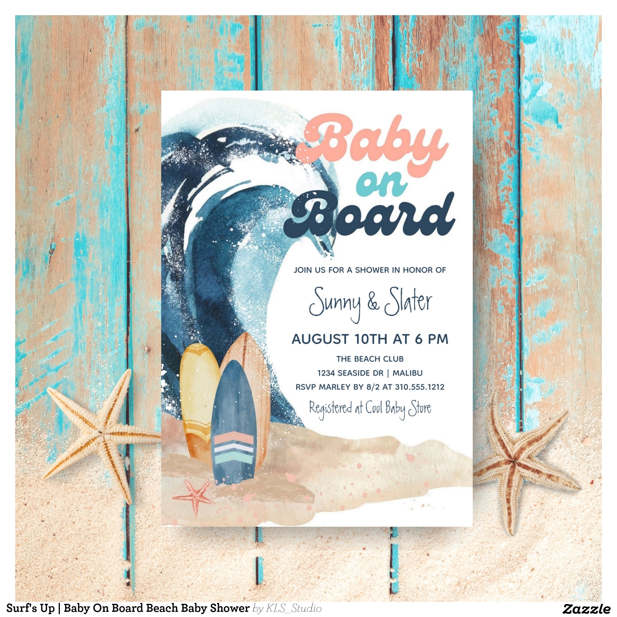 Surf's Up Baby On Board Beach Baby Shower Invitation