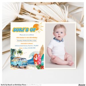 Surfs Up Beach 1st Birthday Photo Invitation